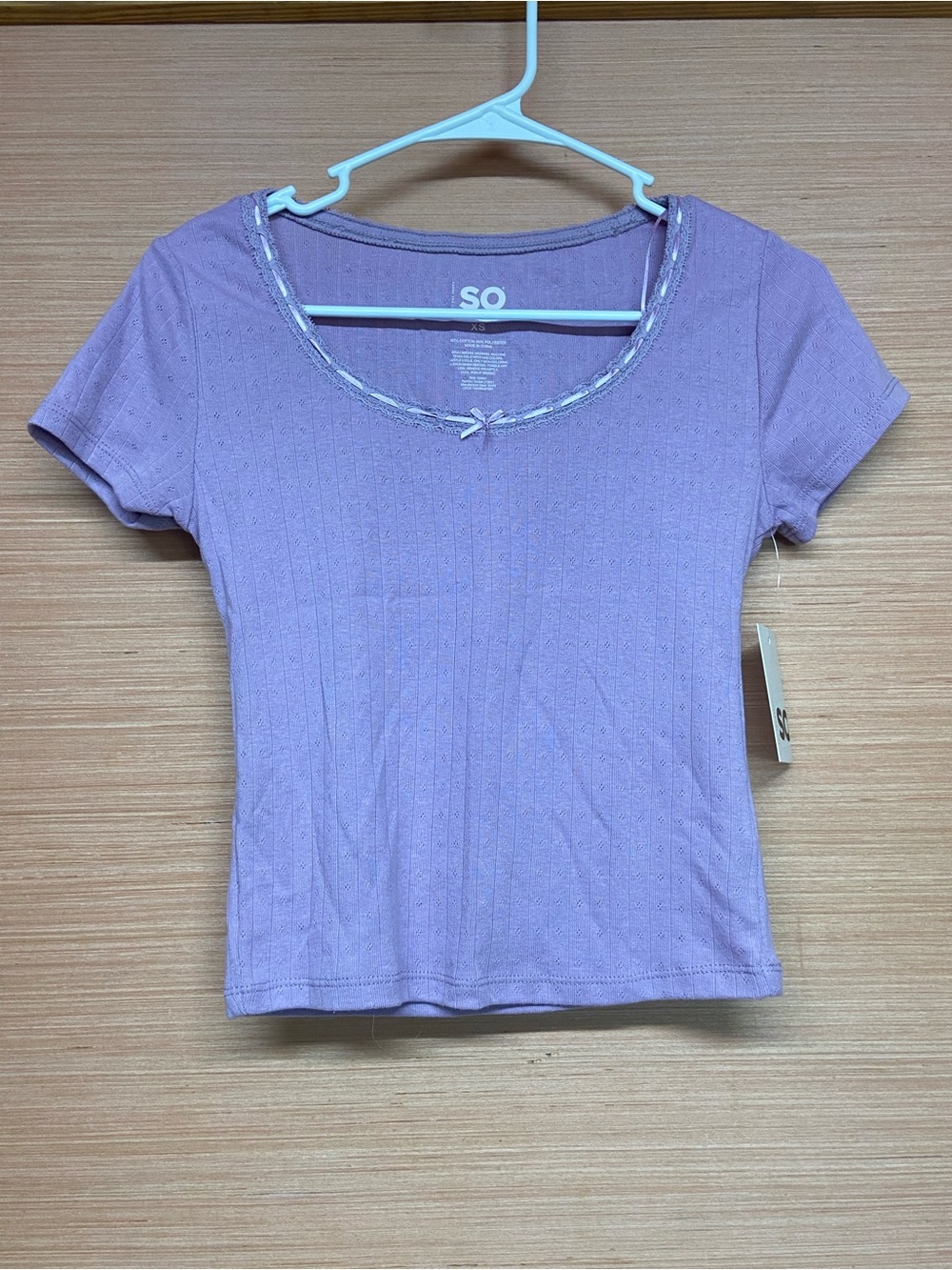SO by Kohl's Purple Small Bow Short Sleeve Pullover Top Women's Size X-Small